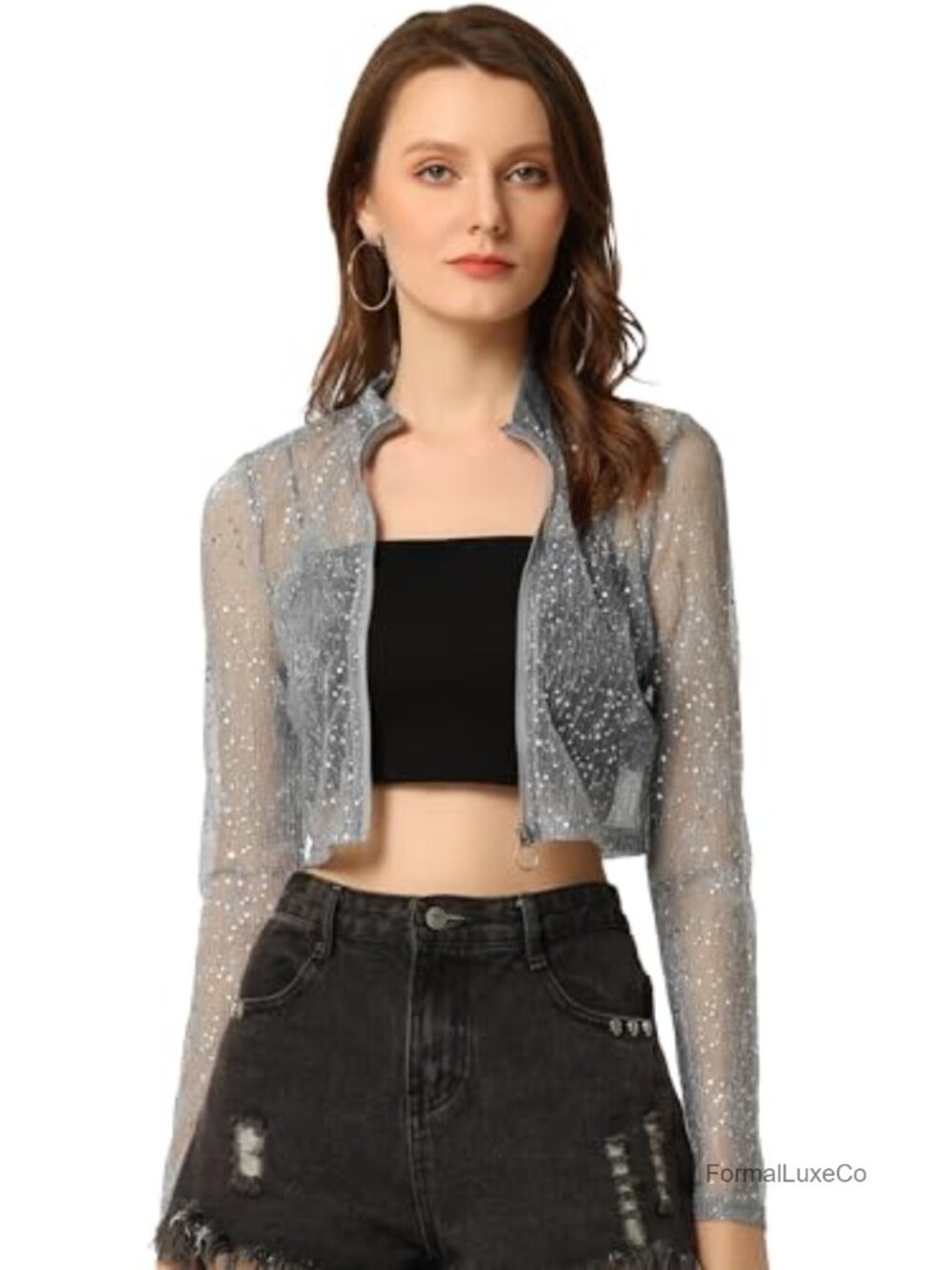 Sheer Mesh Glitter Crop Bomber Jacket Zip Up Rave Clubwear Party Top